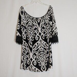 TREASURE BOX Black & White Paisley Pullover Tunic Dress; Size XL